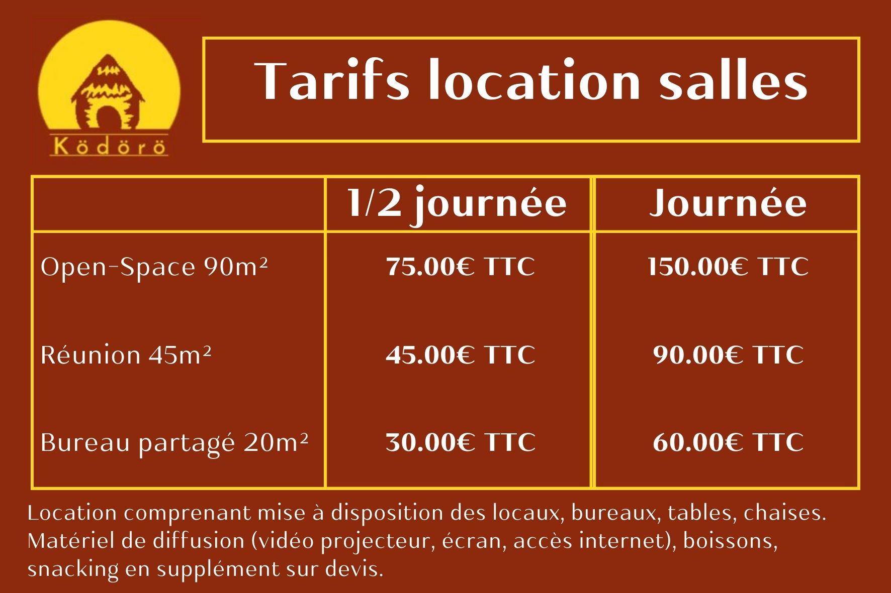 tarifs location des salles de l'espace Kodoro